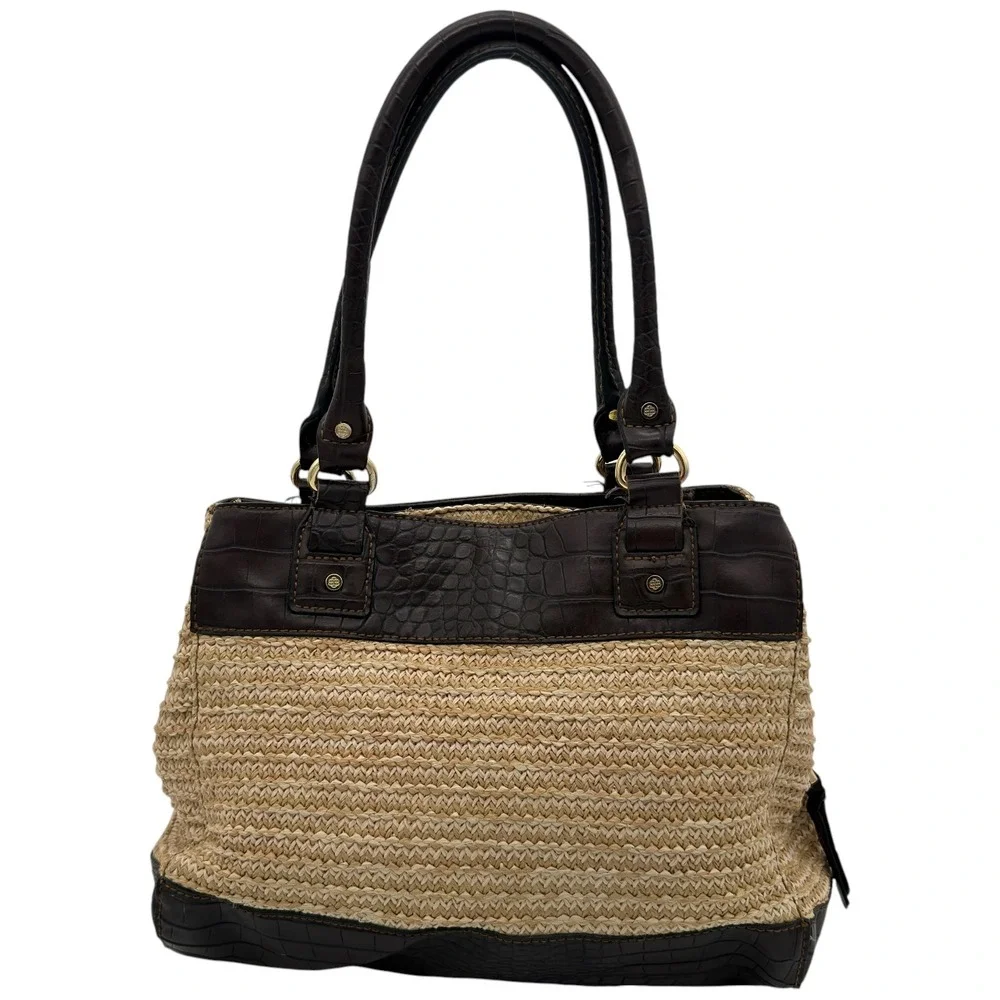 Dana Buchman Straw Raffia Shoulder Bag Brown Croc Leather Satchel Tote